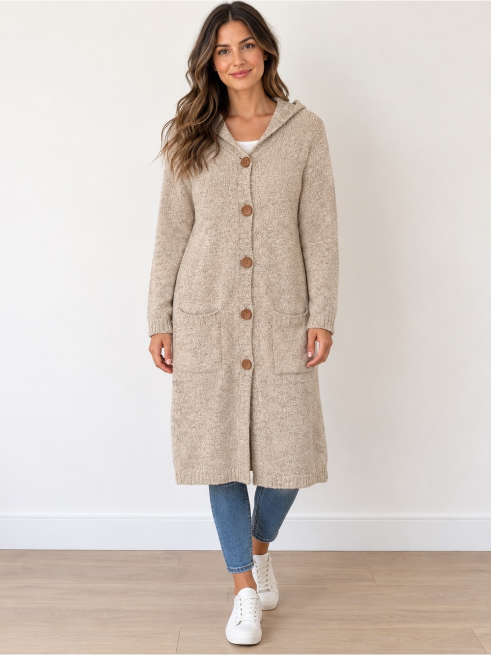 Cotton Ginny Vintage Wood Button Maxi Beige Woman’s Cardigan Large, Hood Pockets